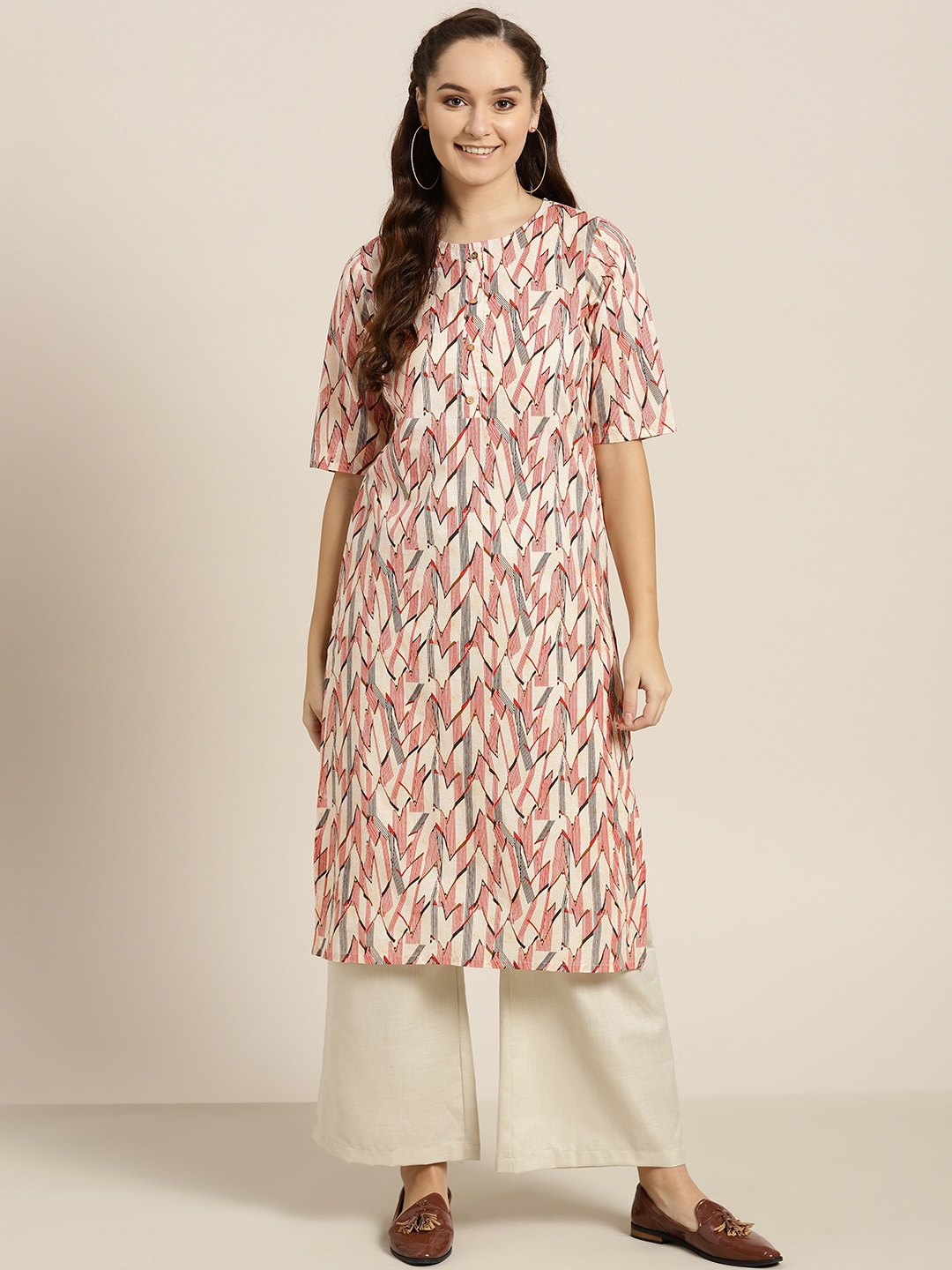 

Sangria Women Beige & Red Printed Straight Kurta
