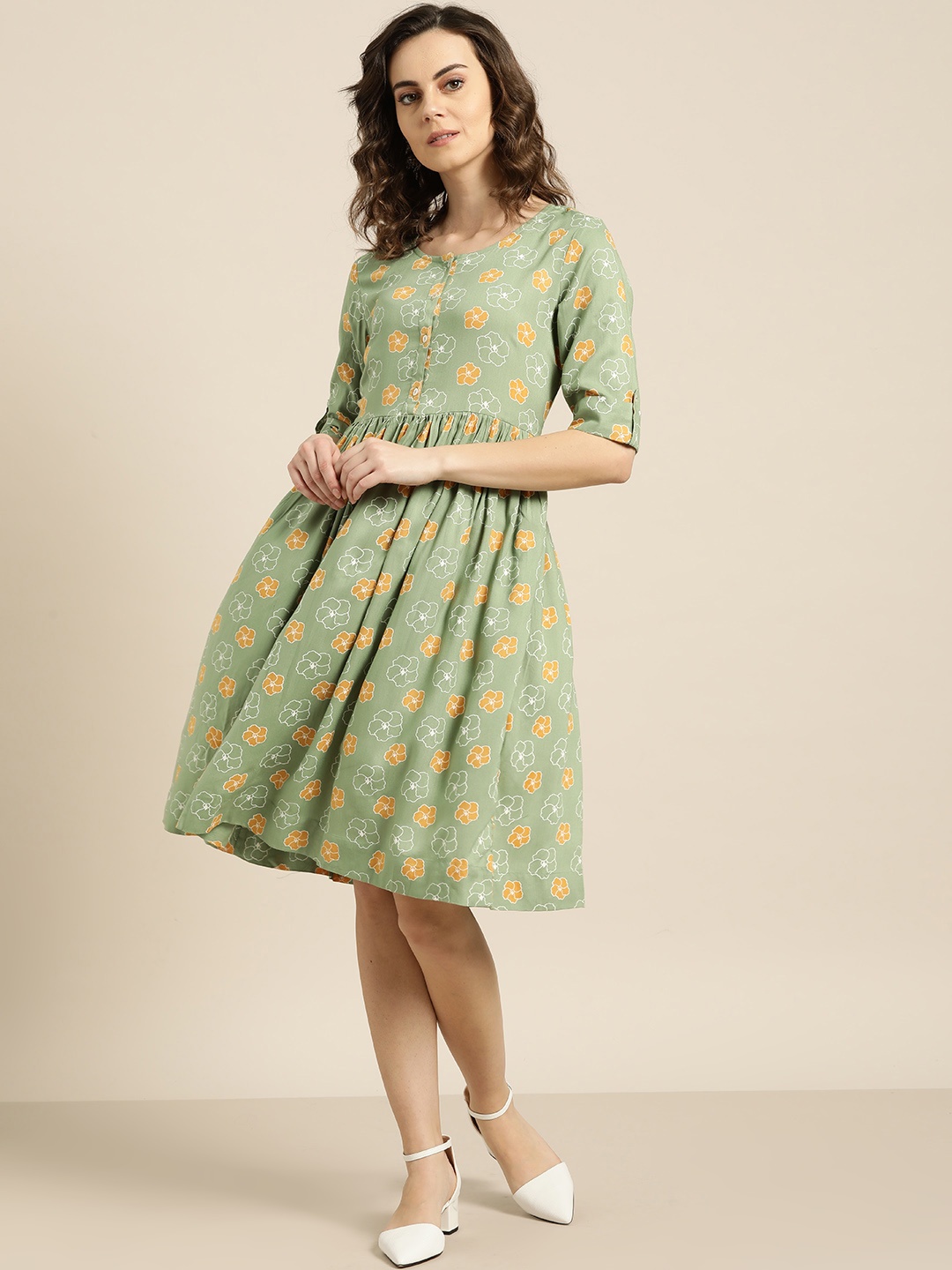 

Sangria Women Green & Mustard Yellow Floral Printed A-Line Dress