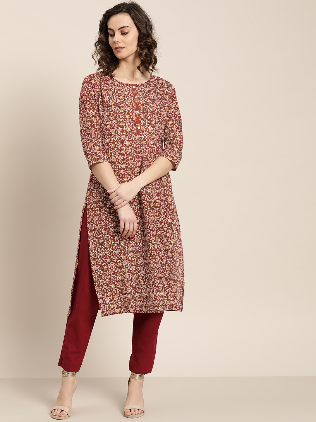 

Sangria Women Maroon & Mustard Yellow Printed Straight Kurta