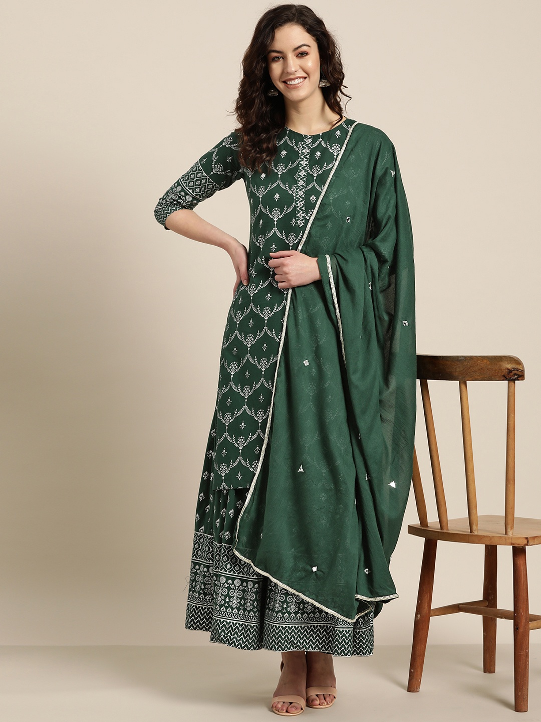 

Sangria Women Green & Off-White Printed Kurta with Palazzos & Dupatta