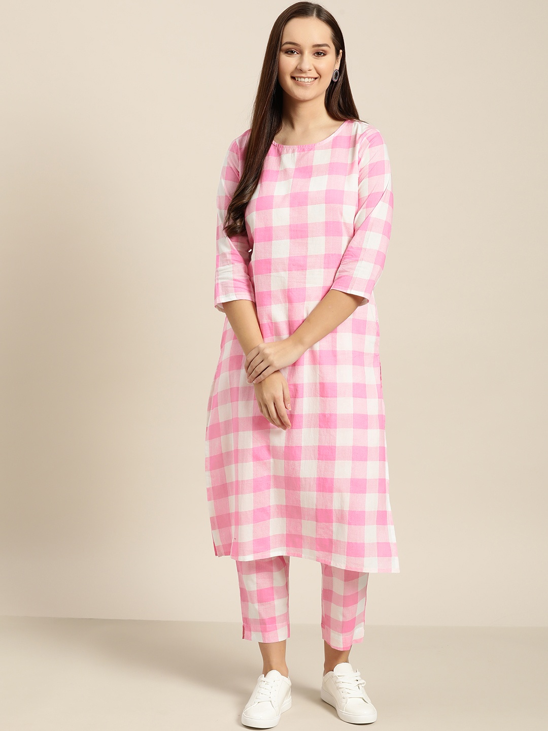 

Sangria Women Pink & Off-White Checked Kurta with Trousers