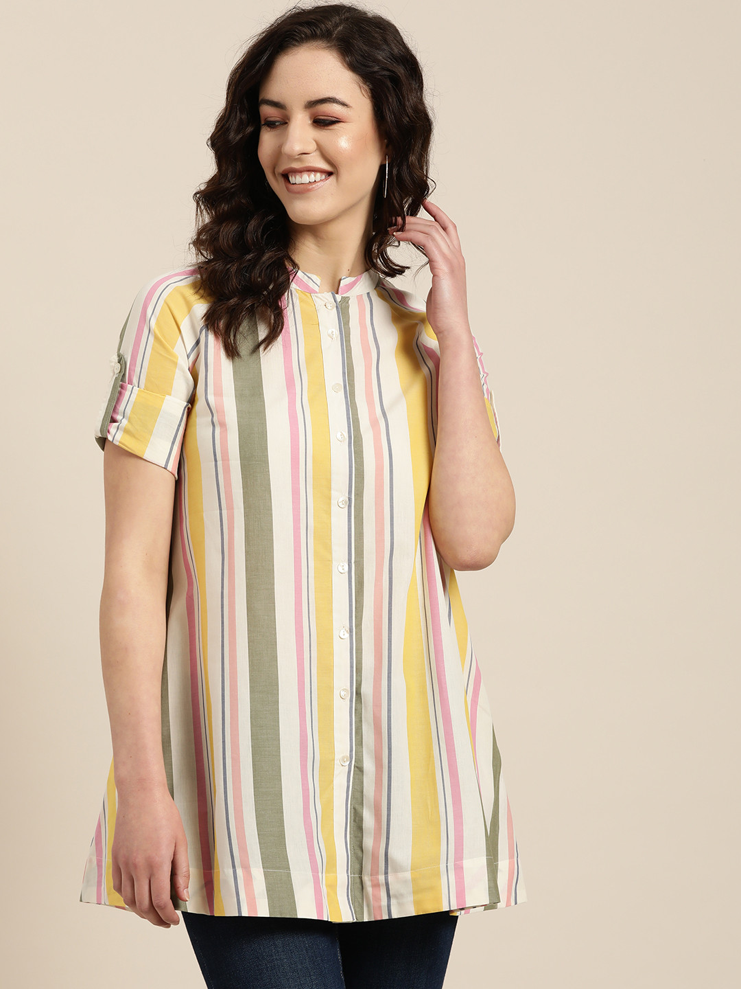 

Sangria Women Off-White & Yellow Striped Pure Cotton Top