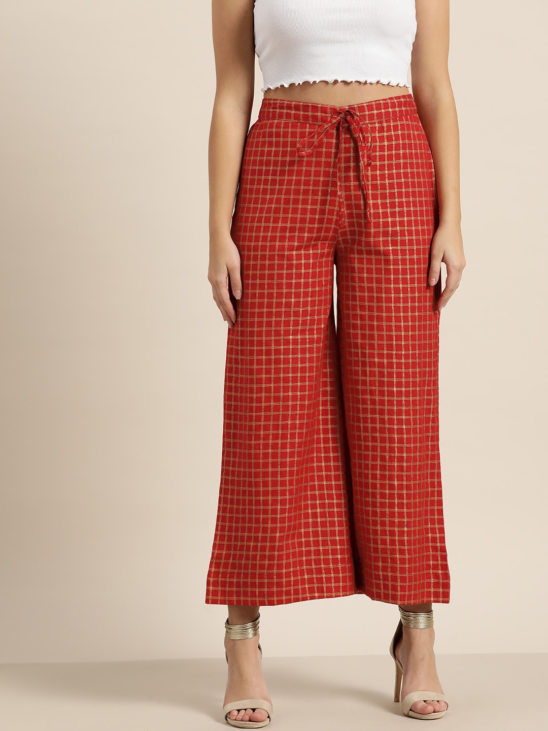 

Sangria Women Red & Golden Checked Wide Leg Palazzos