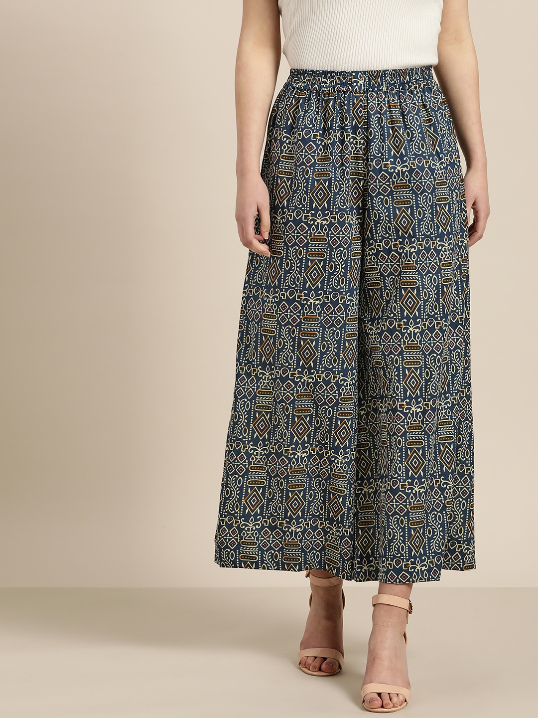

Sangria Women Navy Blue & Beige Printed Wide Leg Palazzos