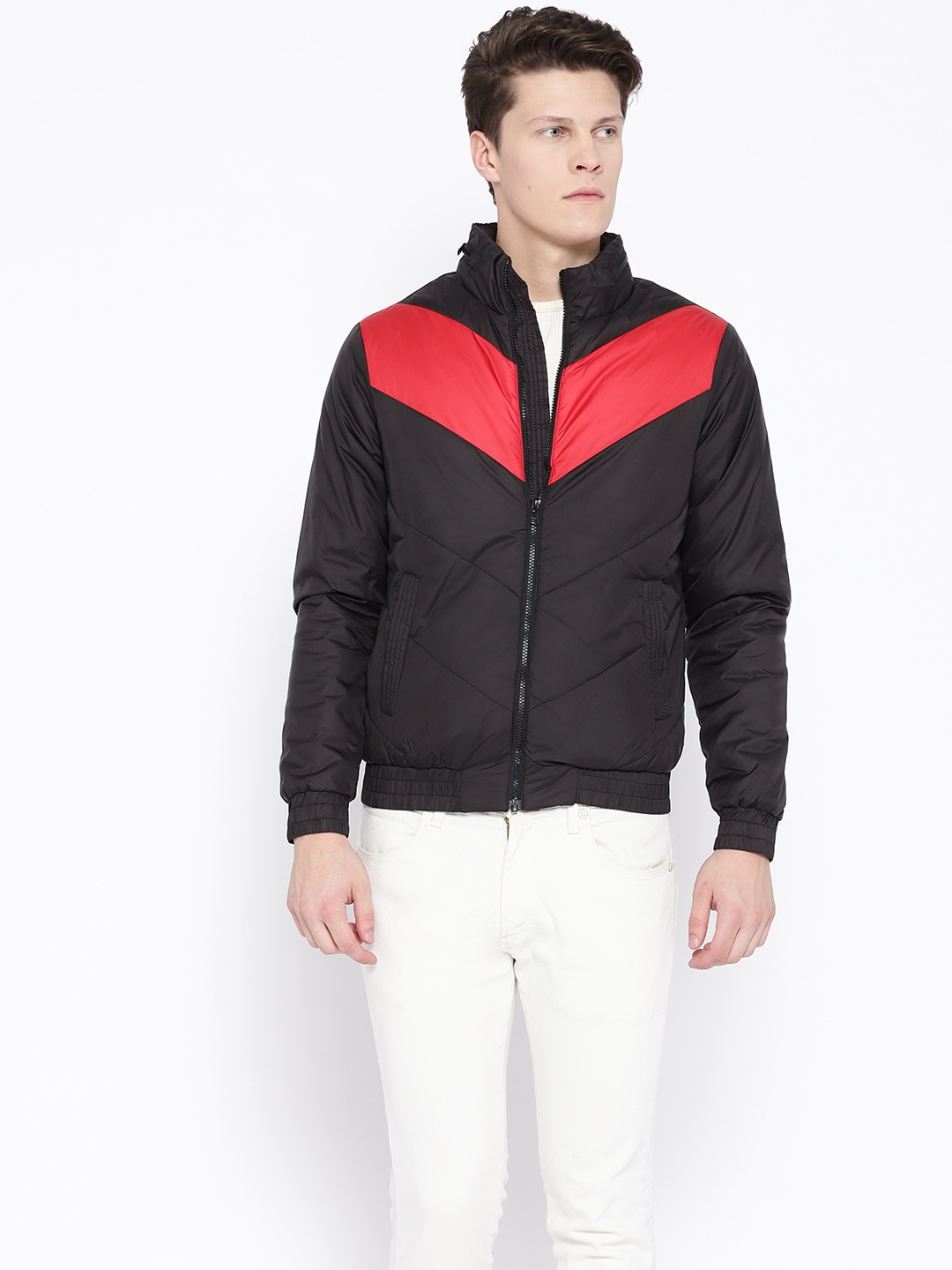 

Flying Machine Men Black & Red Colourblocked Hooded Bomber Jacket