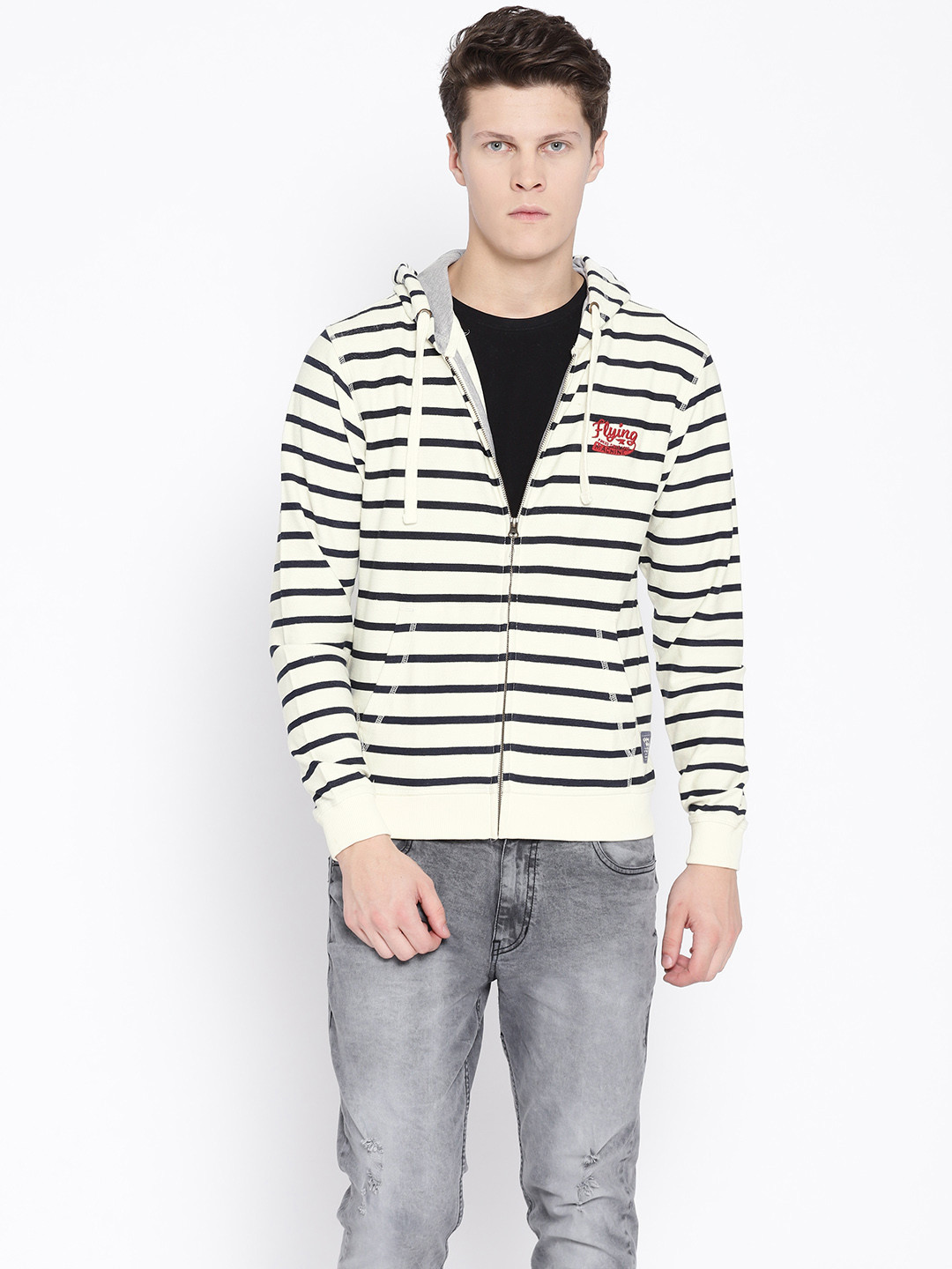 

Flying Machine Men Cream-Coloured & Navy Blue Striped Hooded Sweatshirt