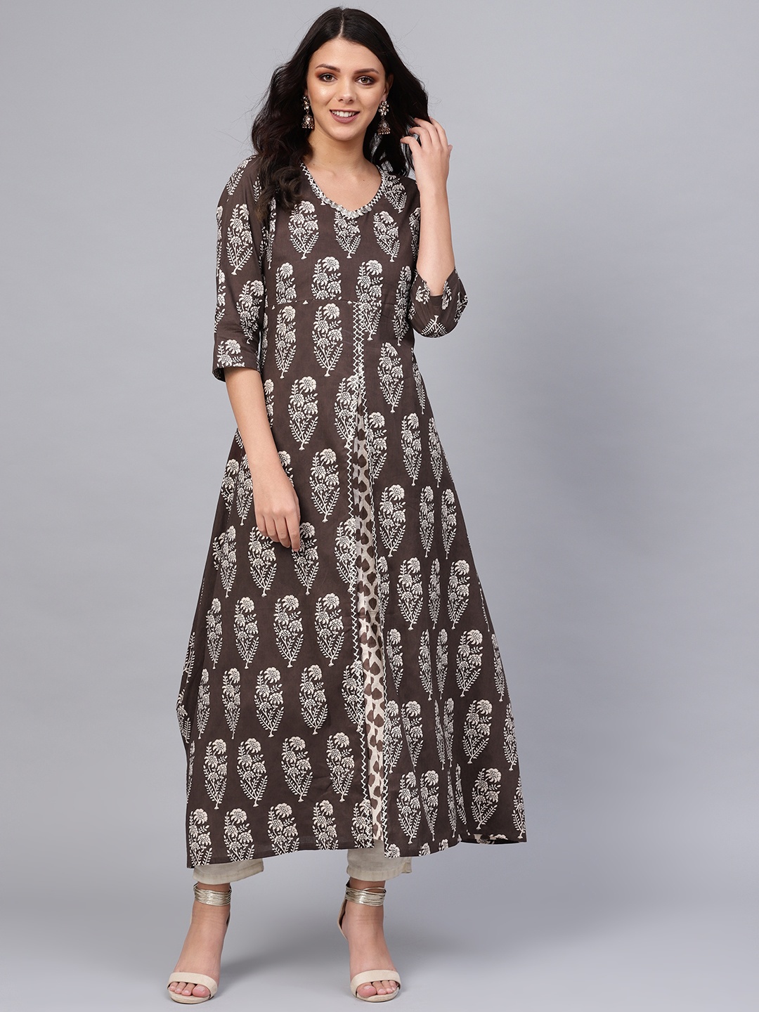 

Divena Women Brown & Off-White Printed Layered A-Line Kurta