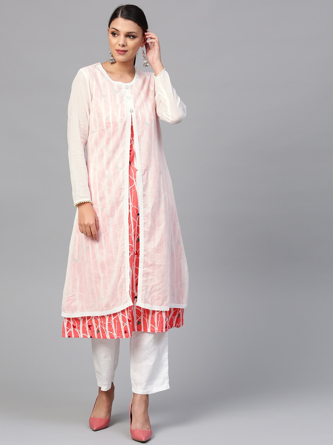 

Divena Women White & Peach-Coloured Printed Layered A-Line Kurta