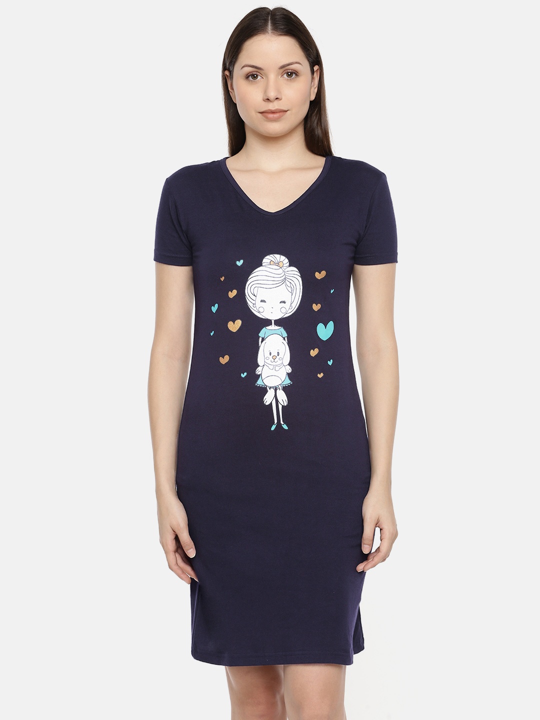 

Slumber Jill Women Navy Blue Printed Nightdress