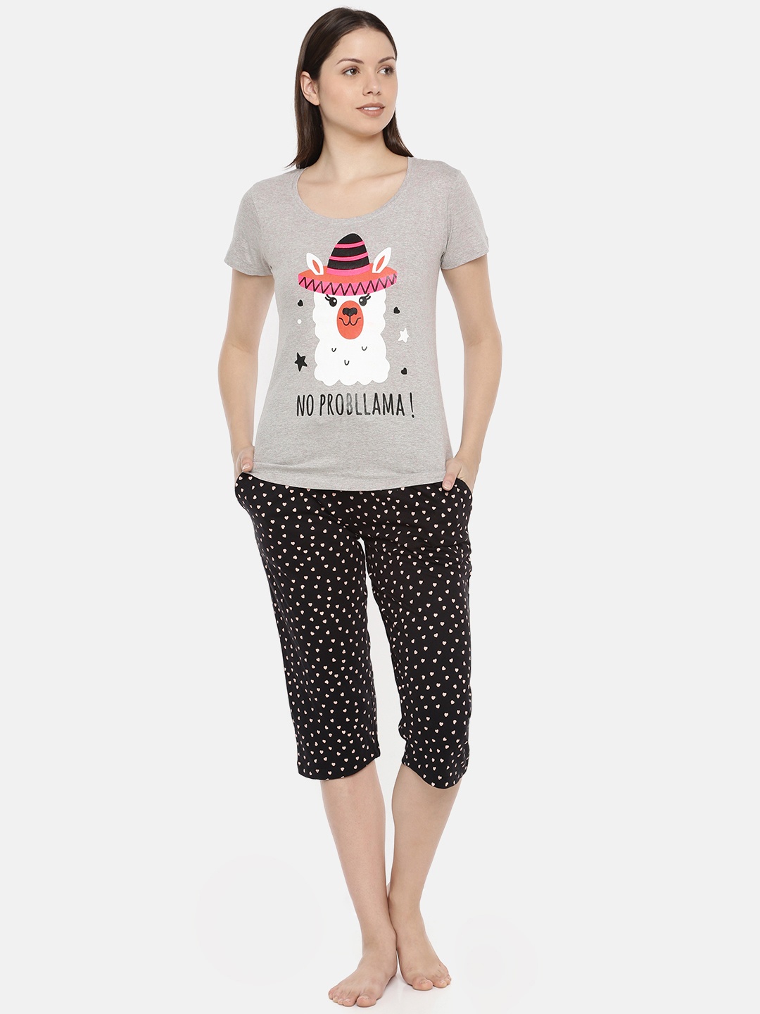 

Slumber Jill Women Grey Melange & Black Printed Night suit FS-055