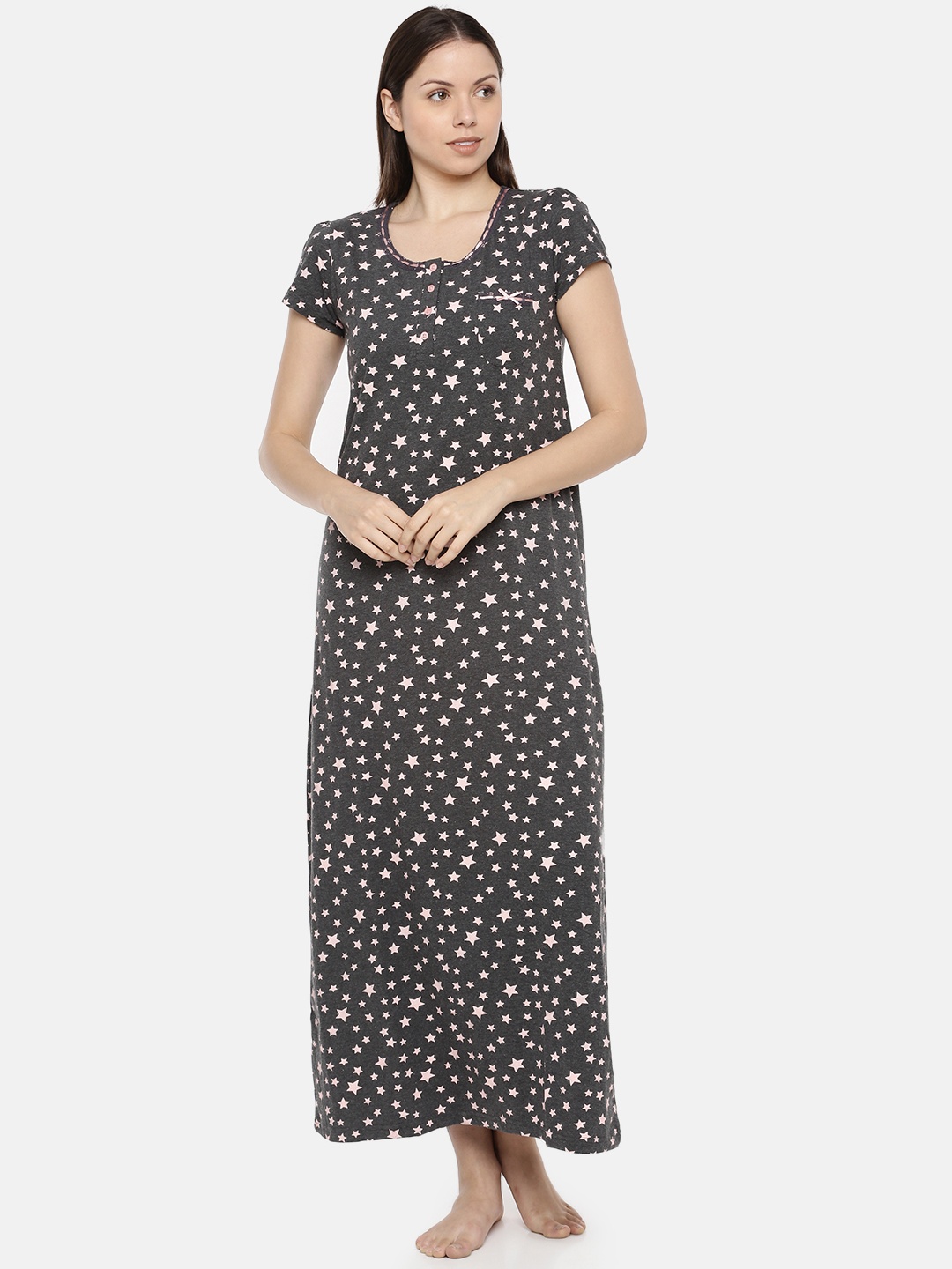 

Slumber Jill Charcoal Grey & Pink Printed Nightdress FS-053