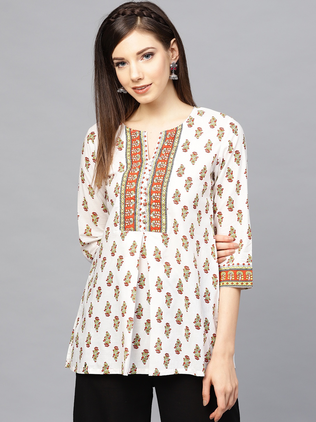 

Rain & Rainbow Women Off-white & Orange Printed Pure Cotton A-line Kurti