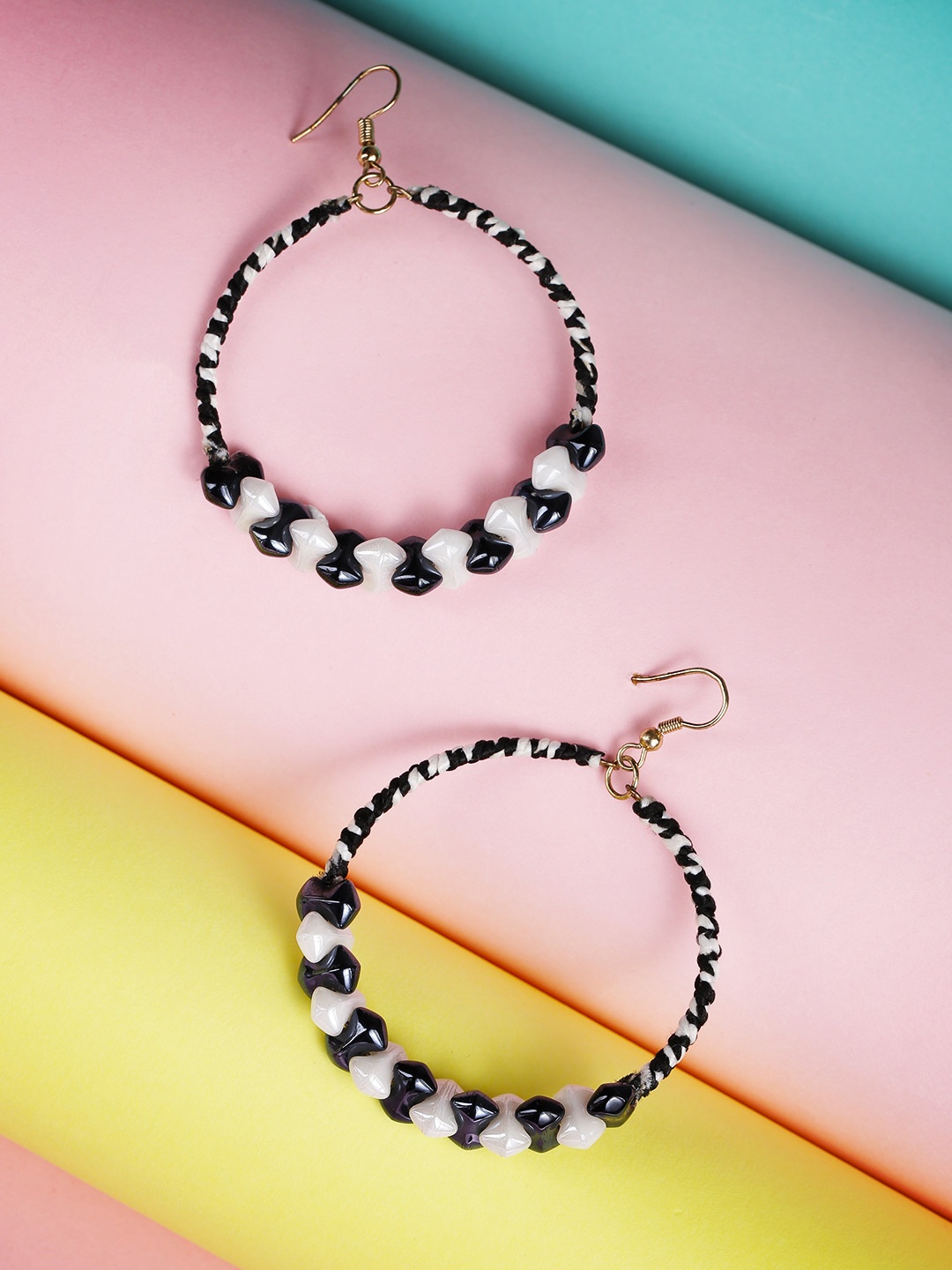 

PRITA BY PRIYAASI Black & White Gold-Plated Beaded Handcrafted Circular Drop Earrings