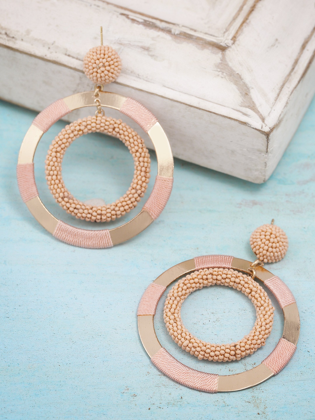

PRITA BY PRIYAASI Peach-Coloured Gold-Plated Beaded Handcrafted Circular Drop Earrings