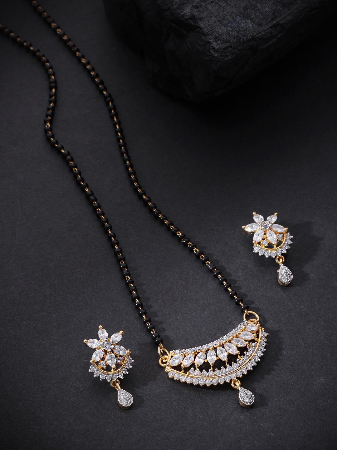 

Priyaasi Black Gold-Plated Beaded & AD Studded Mangalsutra & Earrings Set
