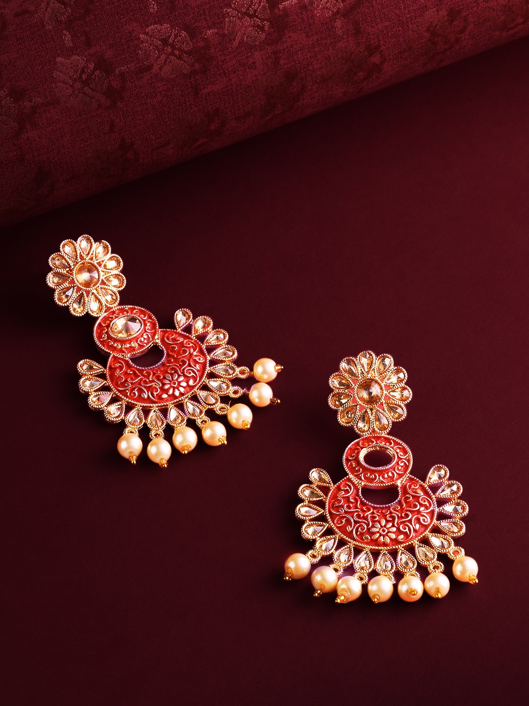 

Priyaasi Red & Off-White Antique Gold-Plated Kundan Handcrafted Crescent Shaped Chandbalis