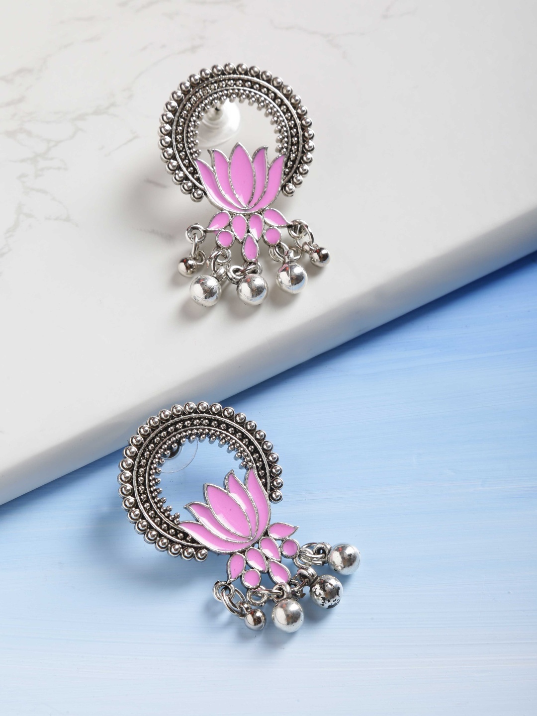 

Priyaasi Pink Oxidised Silver-Plated Lotus-Shaped Enamelled Handcrafted Drop Earrings