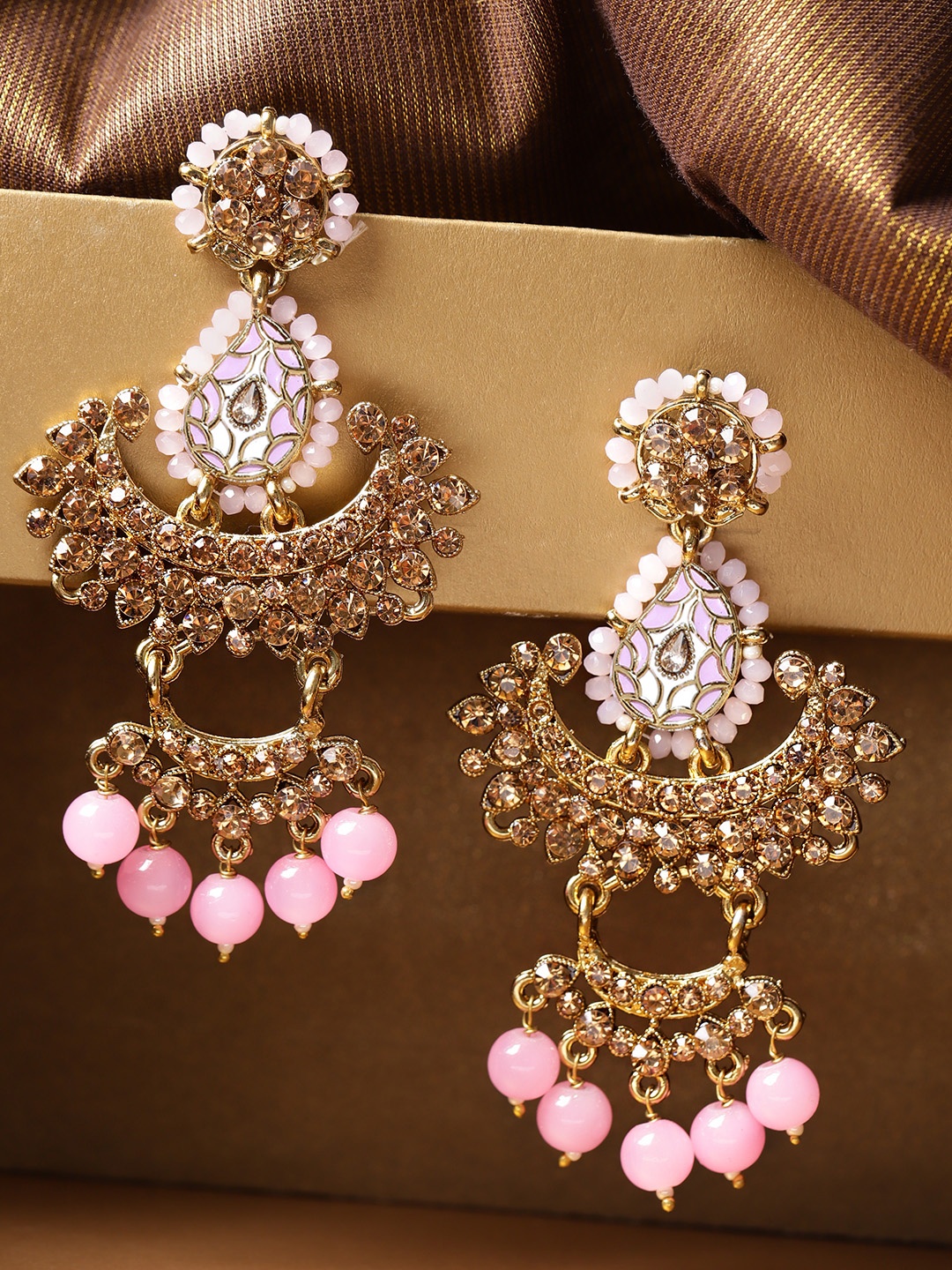 

Priyaasi Pink Gold-Plated Stone Studded & Beaded Handcrafted Crescent Shaped Chandbalis