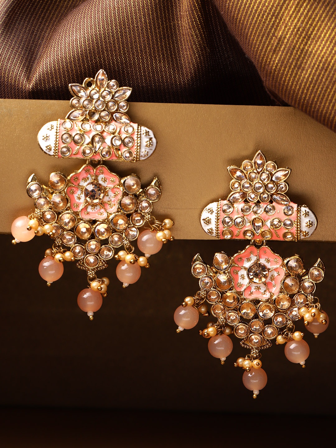 

Priyaasi Peach-Coloured Antique Gold-Plated Kundan Hand Painted Floral Drop Earrings, Pink