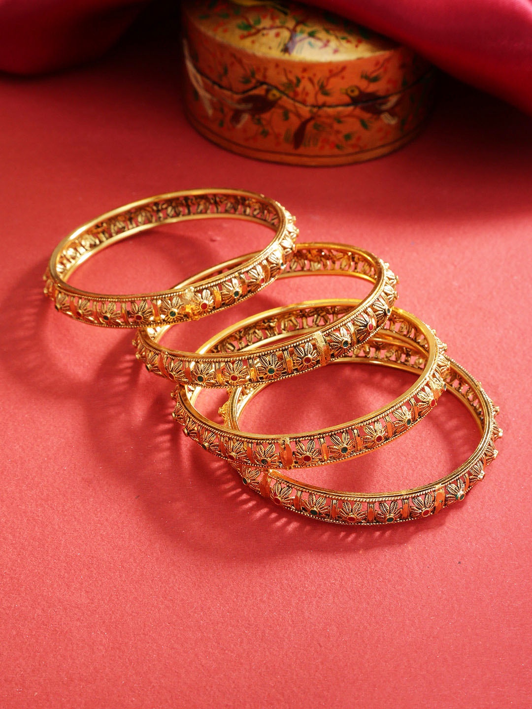 

Priyaasi Set of 4 Green & Red Antique Gold-Plated Enamelled Floral Textured Bangles