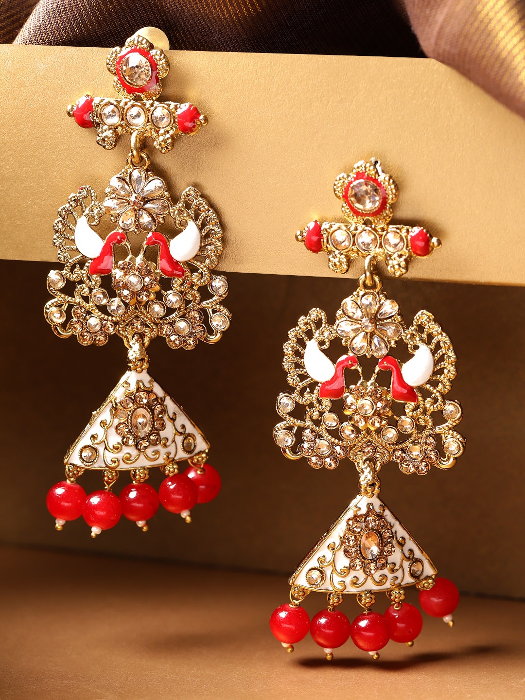 

Priyaasi Red Antique Gold-Plated Kundan-Studded Handcrafted Peacock Shaped Drop Earrings