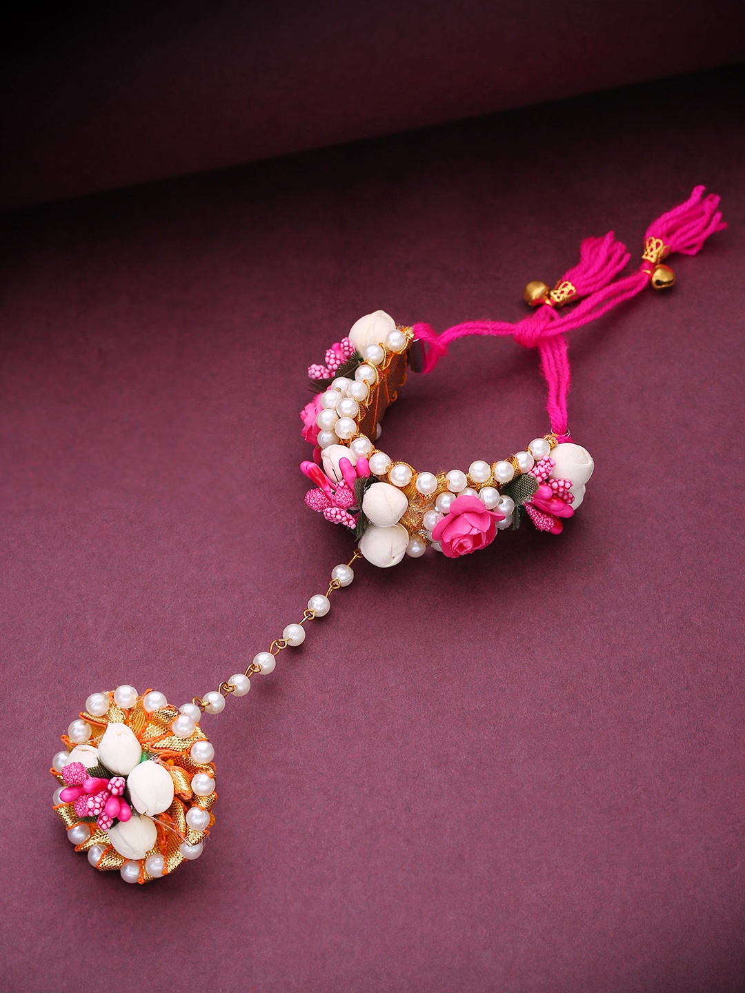 

Priyaasi Pink Floral Beaded Handcrafted Ring Bracelet