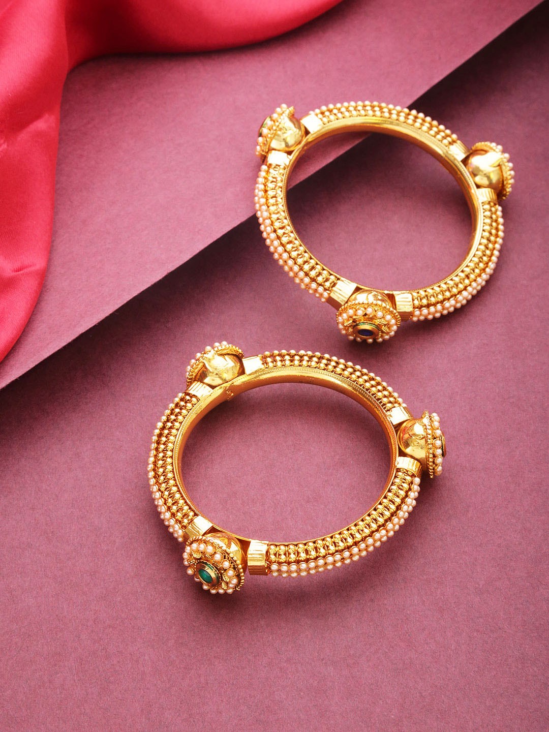 

Priyaasi Set of 2 Cream-Coloured Gold-Plated Beaded & Stone-Studded Handcrafted Bangles