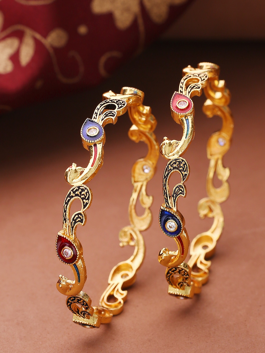 

Priyaasi Set of 2 Red & Navy Blue Gold-Plated Enamelled Handcrafted Bangles