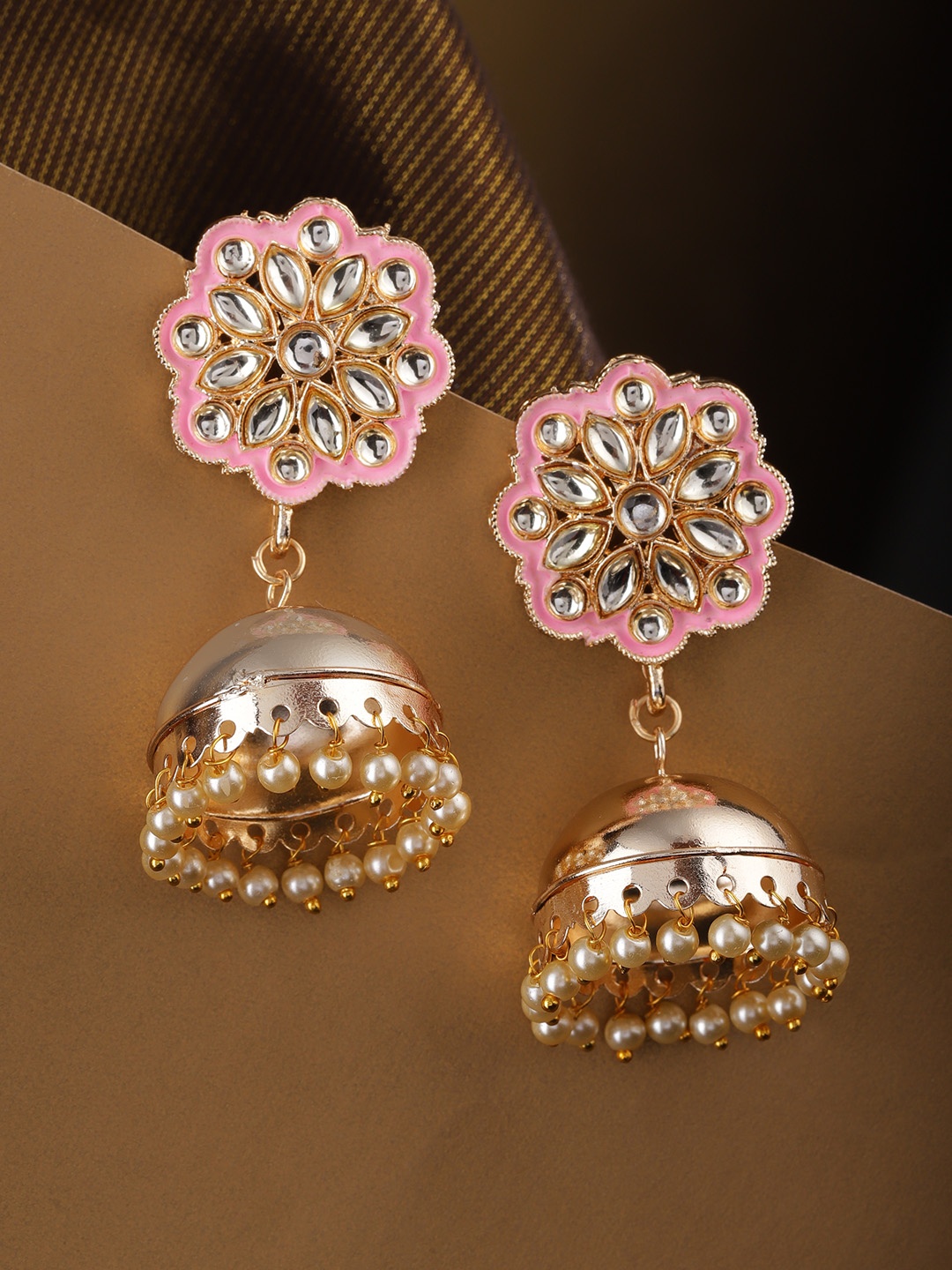 

Priyaasi Pink & Off-White Gold-Plated Kundan Enamelled Handcrafted Dome Shaped Jhumkas