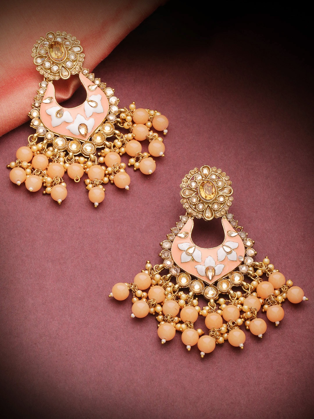 

Priyaasi Peach-Coloured Antique Gold-Plated Kundan-Studded Handcrafted Drop Earrings