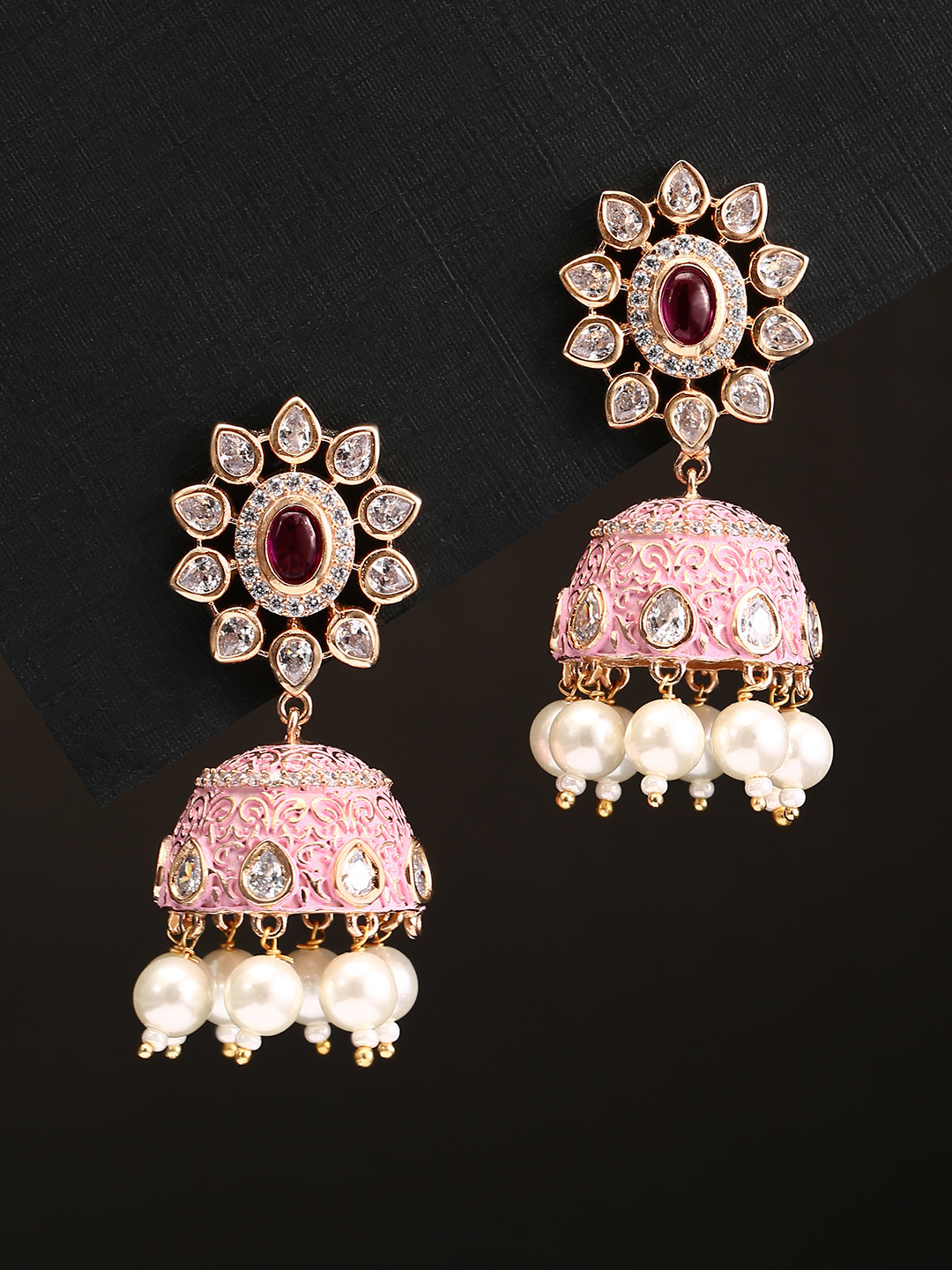 

Priyaasi Pink Gold-Plated Kundan Studded Enamelled Dome Shaped Jhumkas