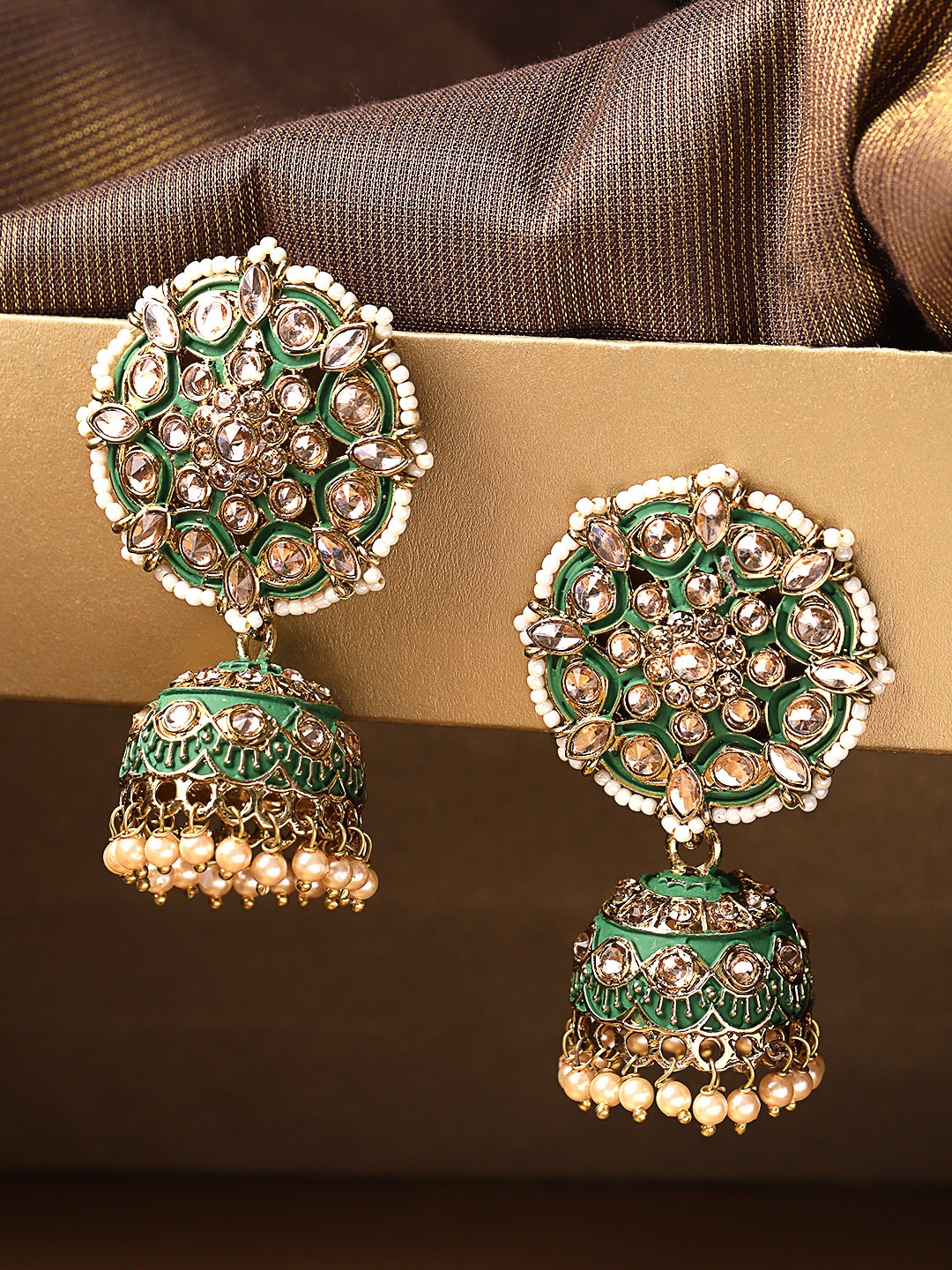 

Priyaasi Green Antique Gold-Plated Kundan-Studded Meenakari Dome Shaped Jhumkas