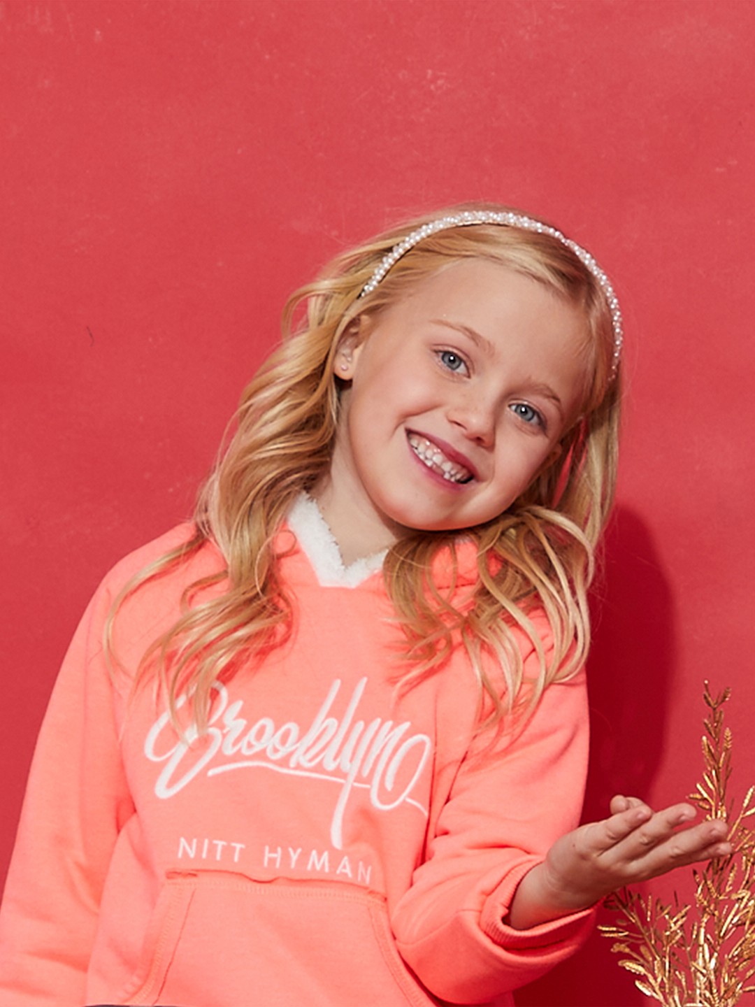 

Cherry Crumble Kids Coral Pink & Off-White Embroidered Hooded Reversible Sweatshirt