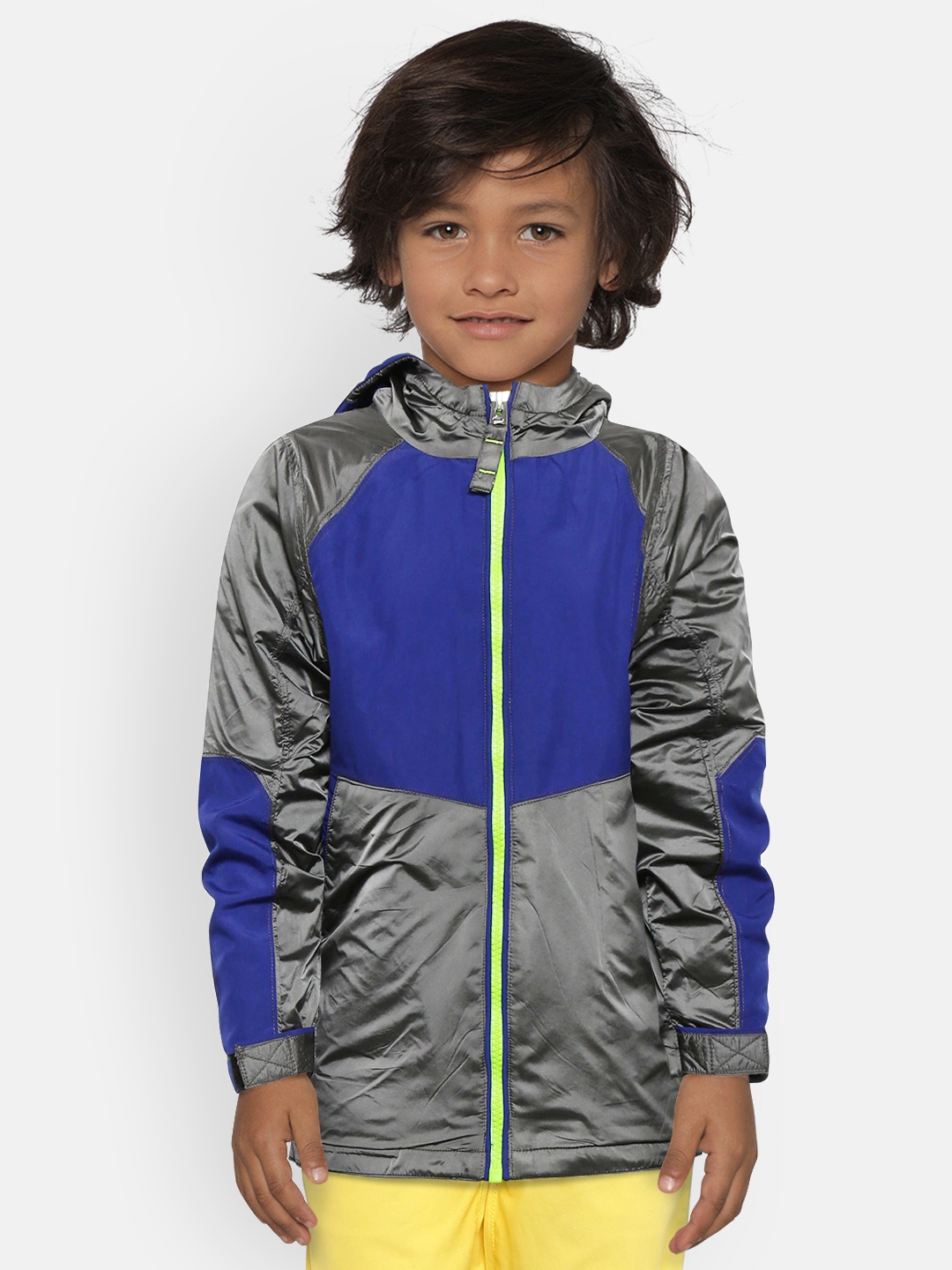 

Cherry Crumble Kids Charcoal Grey & Blue Colourblocked Lightweight Hooded Tailored Jacket