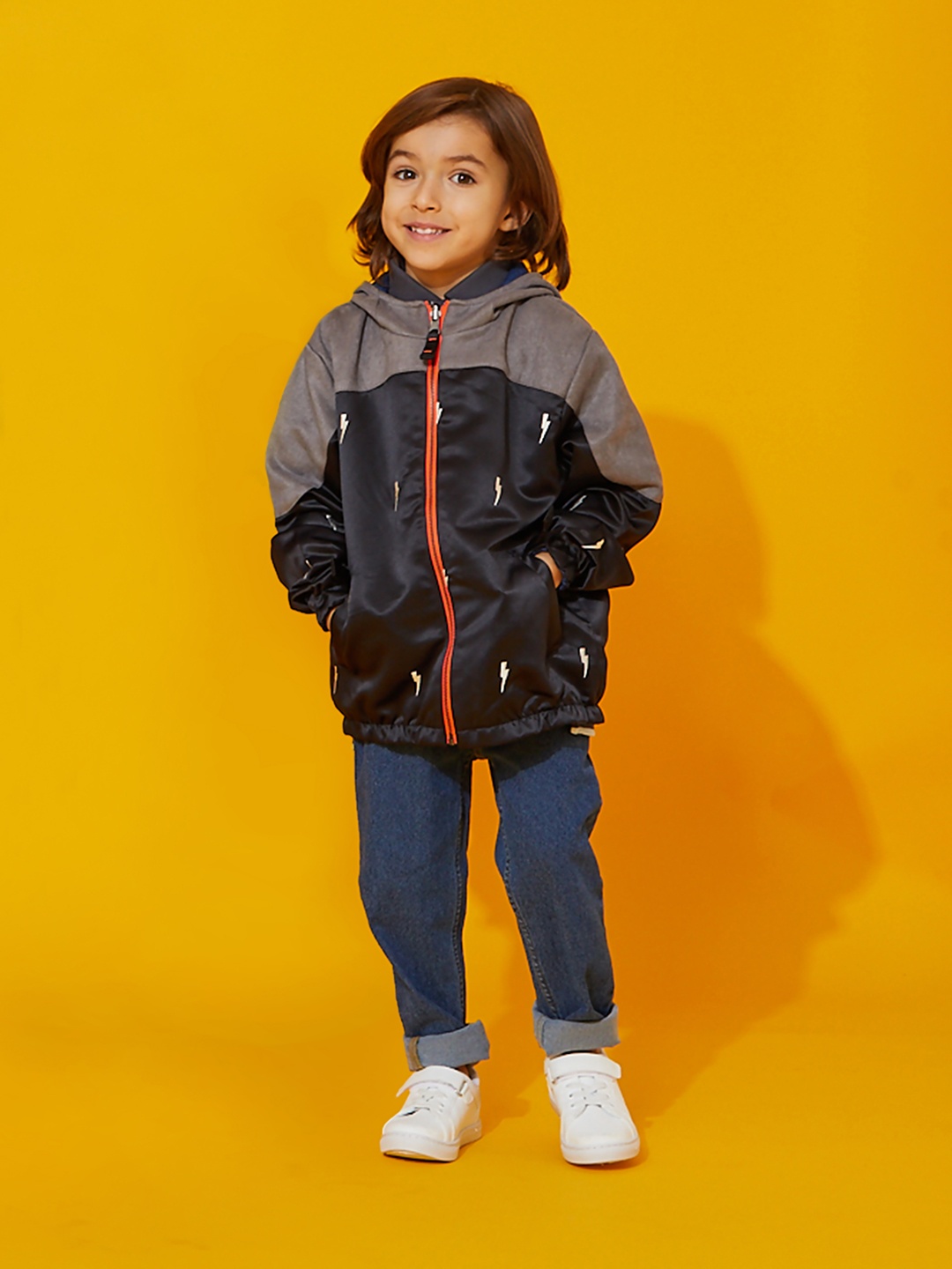 

Cherry Crumble Kids Black & Navy Blue Printed Reversible Hooded Tailored Jacket