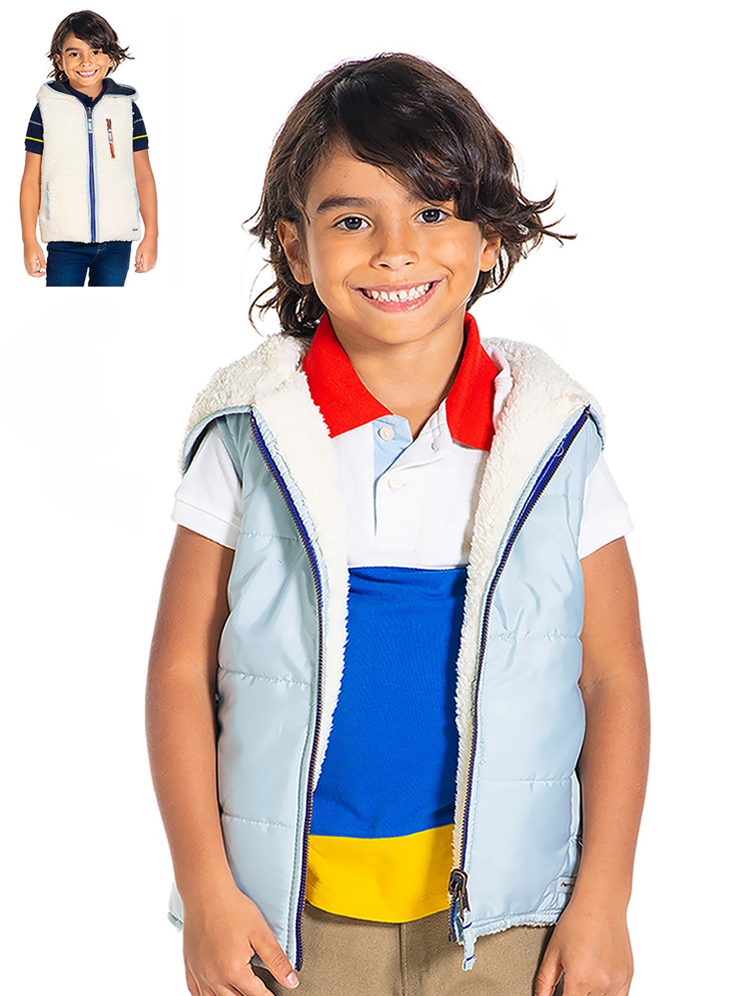 

Cherry Crumble Kids Blue & Off-White Solid Reversible Hooded Padded Jacket