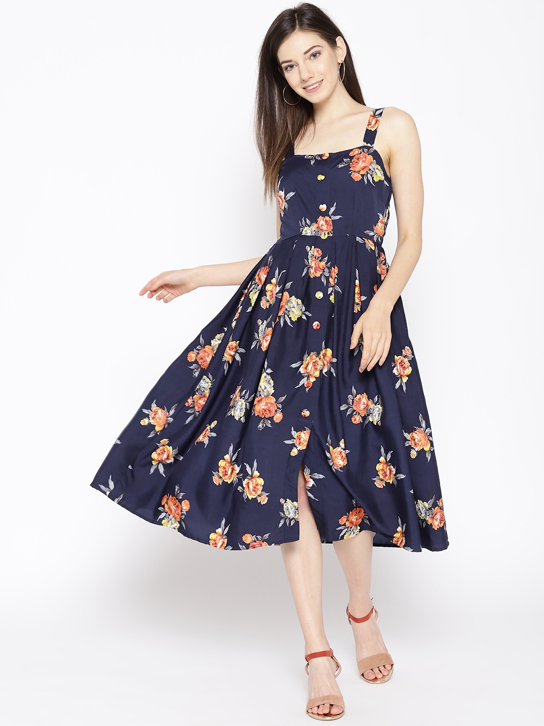 

MABISH by Sonal Jain Women Navy Blue & Orange Floral Printed A-Line Dress