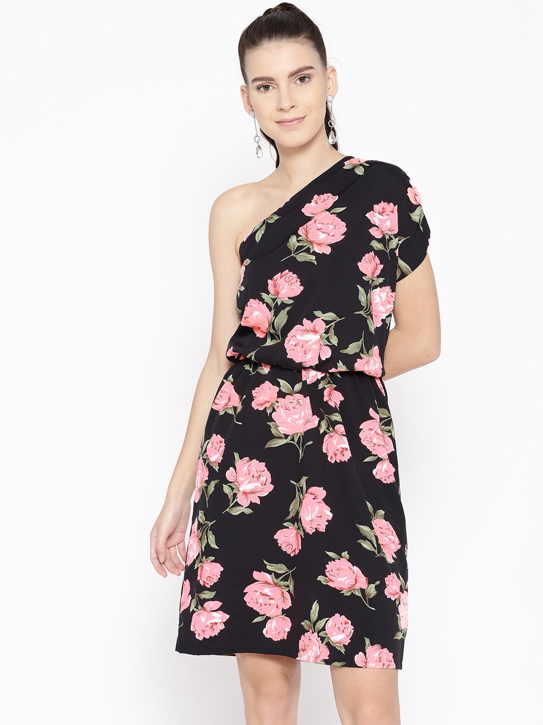 

MABISH by Sonal Jain Women Black & Peach-Coloured Floral Print One Shoulder Blouson Dress