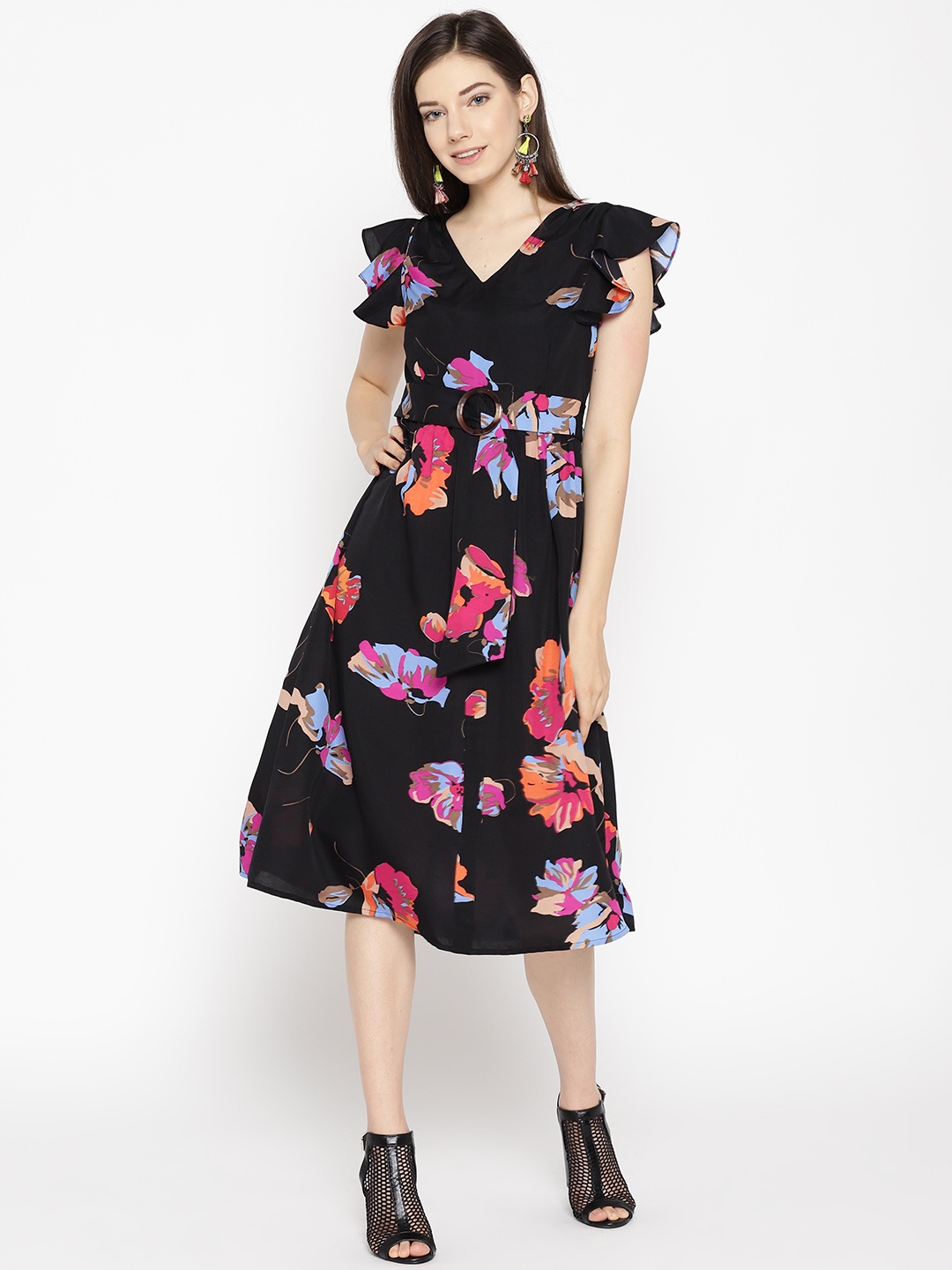 

MABISH by Sonal Jain Women Black & Pink Floral Printed A-Line Dress
