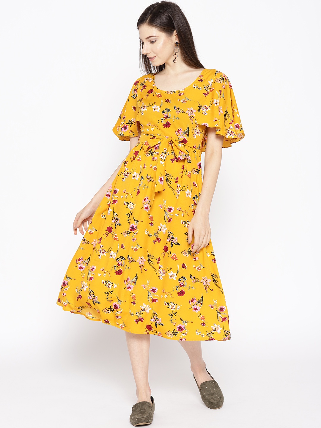 

MABISH by Sonal Jain Women Mustard Yellow & Maroon Floral Printed A-Line Dress