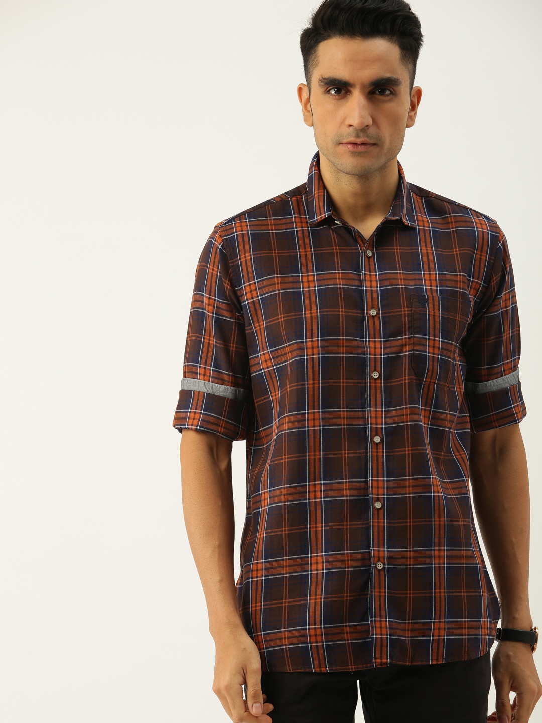 

Allen Solly Men Brown & Navy Blue Sport Regular Fit Checked Casual Shirt