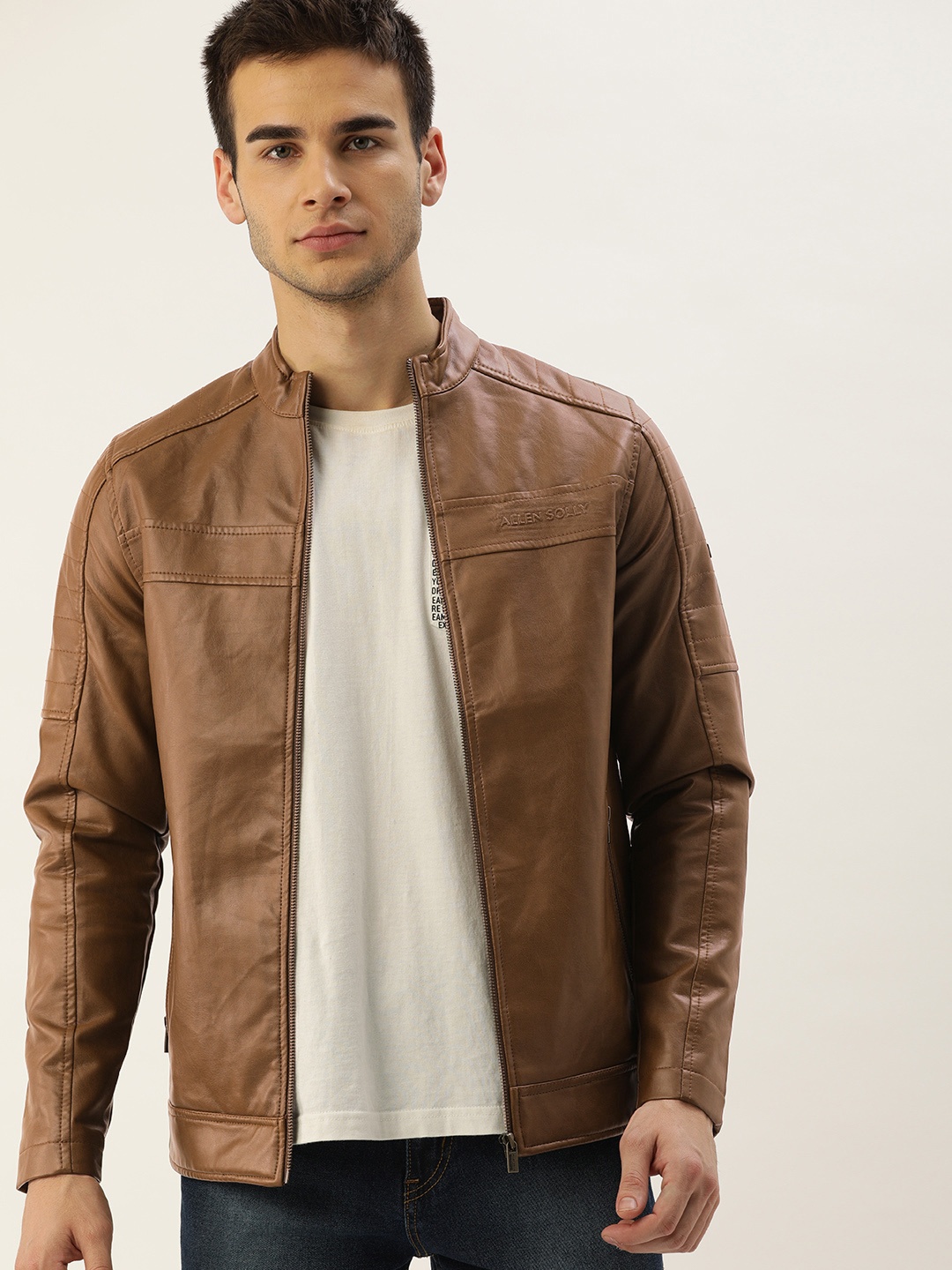 

Allen Solly Men Tan Brown Solid Biker Jacket