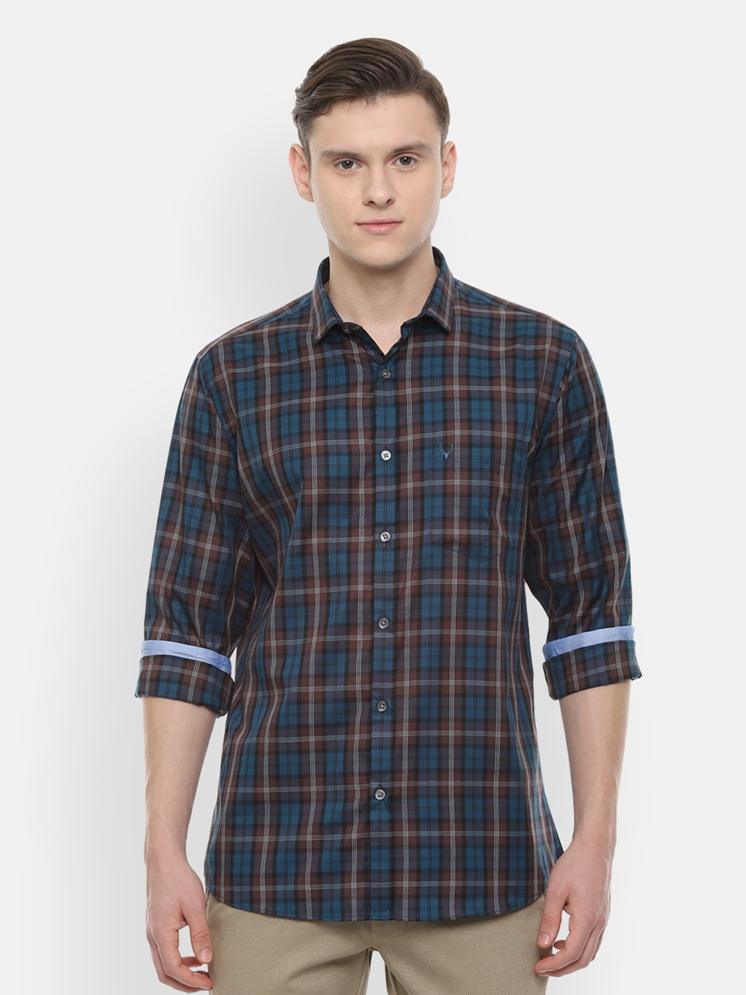 

Allen Solly Men Teal Blue & Grey Checked Slim Fit Shirt