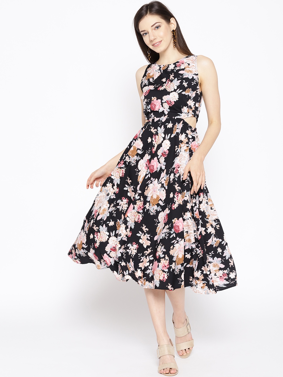 

MABISH by Sonal Jain Women Black & Beige Floral Printed Fit and Flare Dress