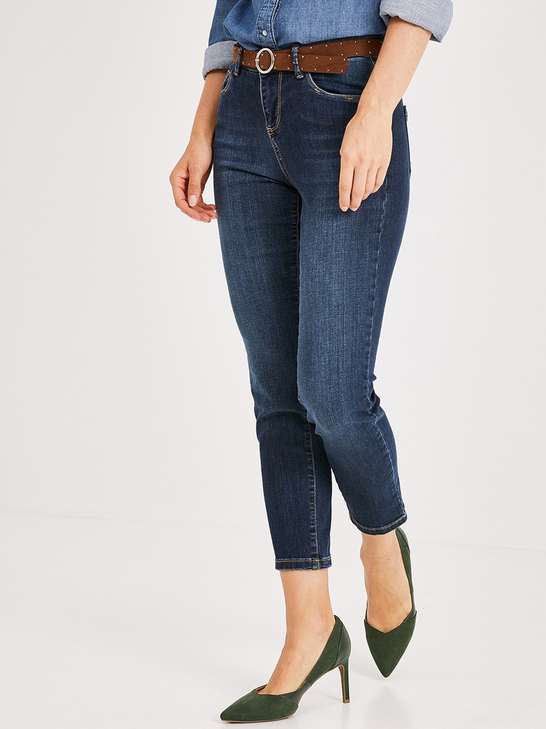 

promod Women Blue Slim Fit Mid-Rise Clean Look Stretchable Cropped Jeans