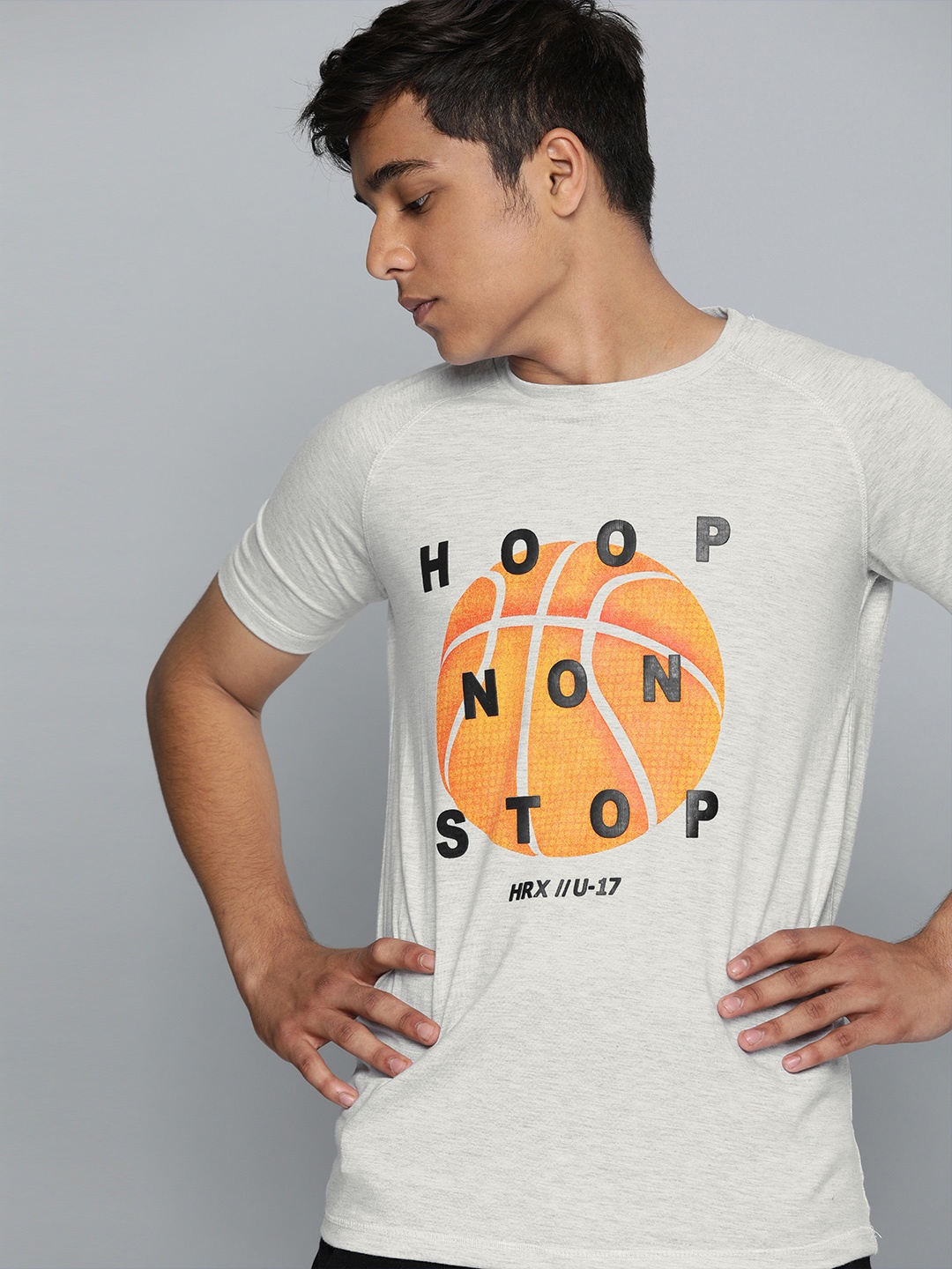 

HRX by Hrithik Roshan Boys Grey Printed Round Neck Basketball T-shirt