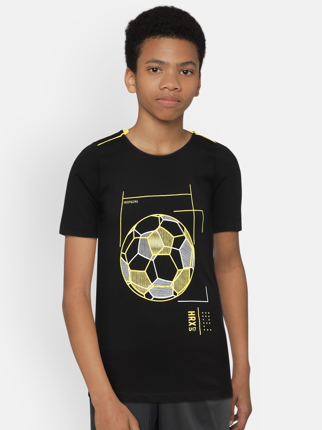 

HRX by Hrithik Roshan Black Printed Boys Football Pure Cotton T-shirt