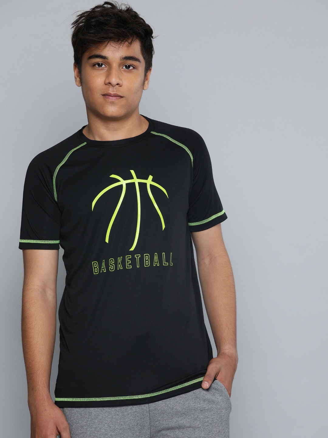 

HRX by Hrithik Roshan Boys Black Printed Rapid Dry Round Neck Basketball T-shirt