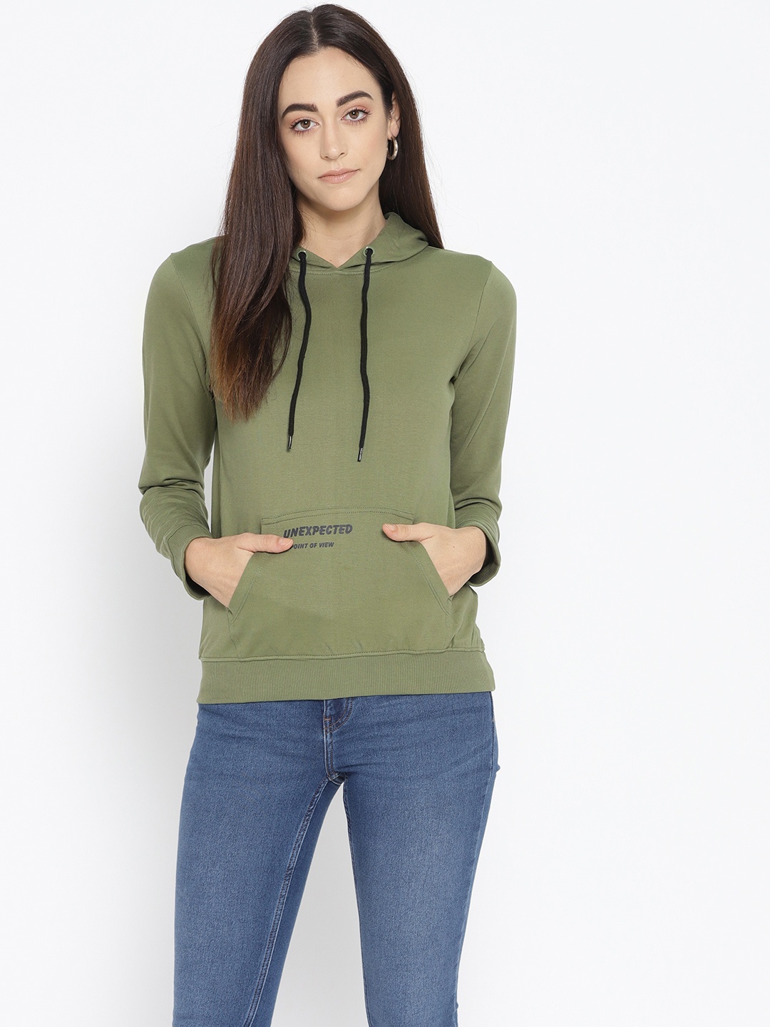 

Flying Machine Women Olive Green Solid Hooded Sweatshirt