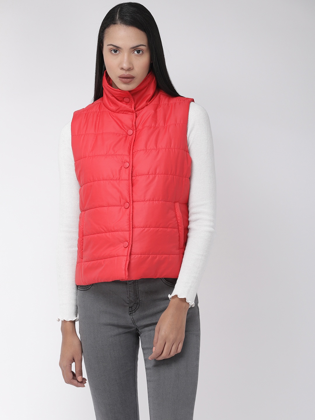 

Flying Machine Women Red Solid Sleeveless Puffer Jacket